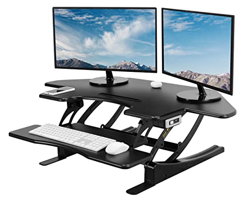 VIVO 43 inch Corner Electric Height Adjustable Cubicle Stand Up Desk Converter, VE Series, Sit to Stand Tabletop Dual Monitor Riser with USB Port, Black, DESK-V000VCE
