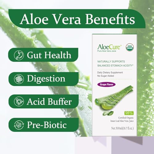 AloeCure USDA Organic Aloe Vera Juice Grape Flavor, Made Within 12 Hours of Harvest - Pure Aloe Vera Digestive & Immune Health Supplement, Helps Maintain Balanced Stomach Acidity, 16.7oz Bottle