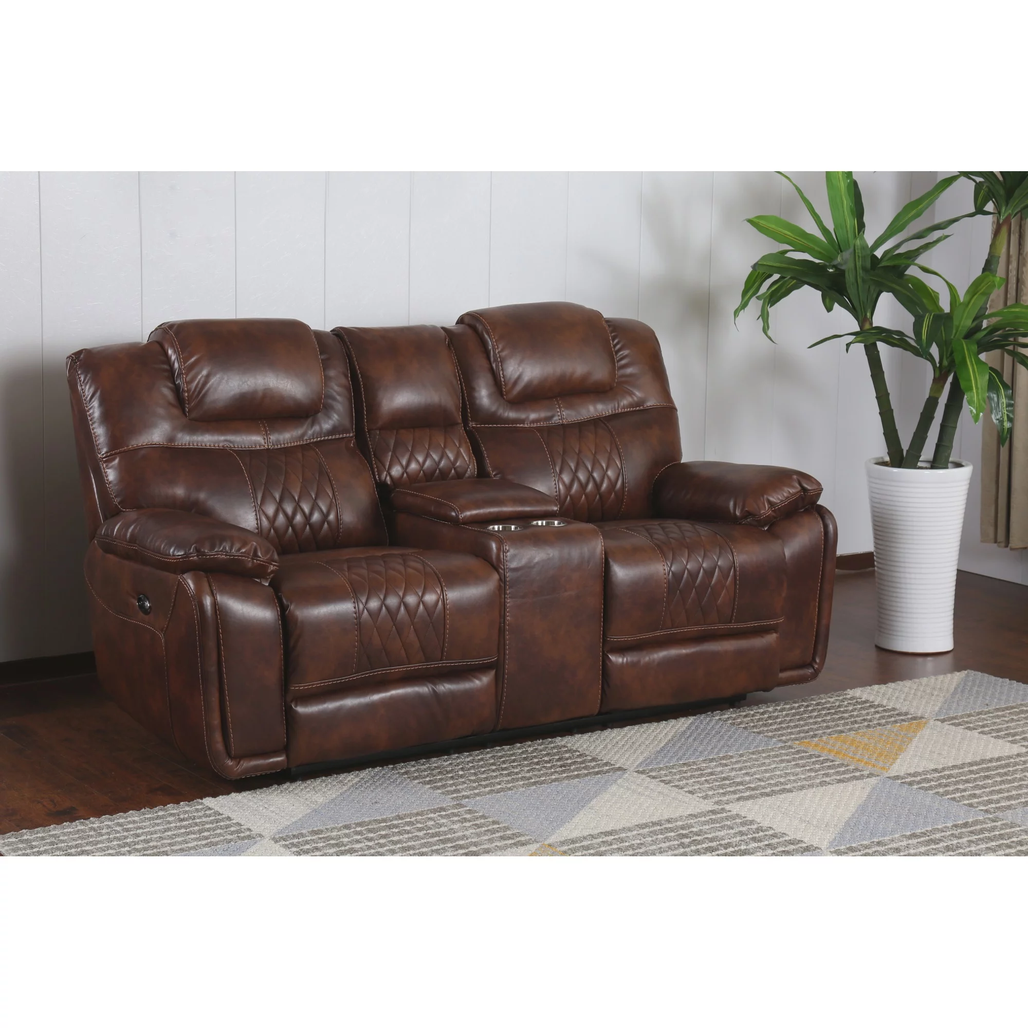Sunset Trading Diamond Power Faux Leather Dual Reclining Loveseat in Brown