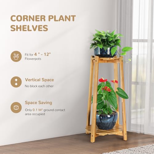 2 Tier Round Bamboo Plant Stands Shelves Indoor 12 Inch,Corner Flower Pot Stands Shelf, Wooden Tall Plant Pedestal Holder Rack for Succulent Catus Display in Living Room Patio Balcony Outdoor