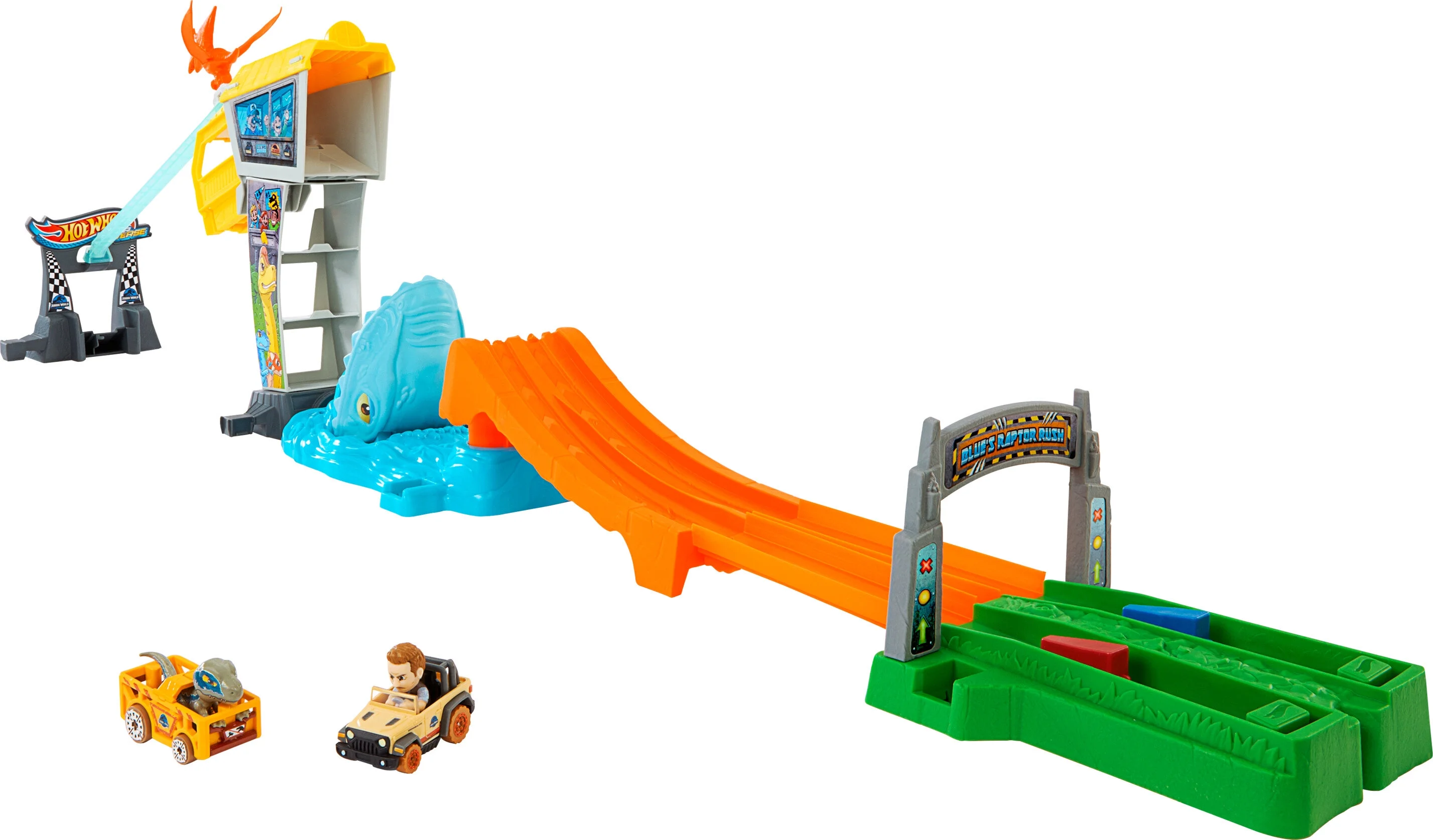 Hot Wheels RacerVerse Jurassic World Blue’s Raptor Rush Track Set with 2 Toy Die-Cast Vehicles