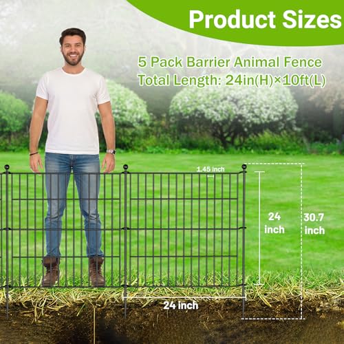 10 Panels No Dig Decorative Outdoor Garden Fence with Gate for Yard, 40 in(H) X 23.6 ft(L) Animal Barrier Fencing Rustproof Metal Wire Panel Border for Dog, Rabbits, and Patio Temporary Ground Stakes
