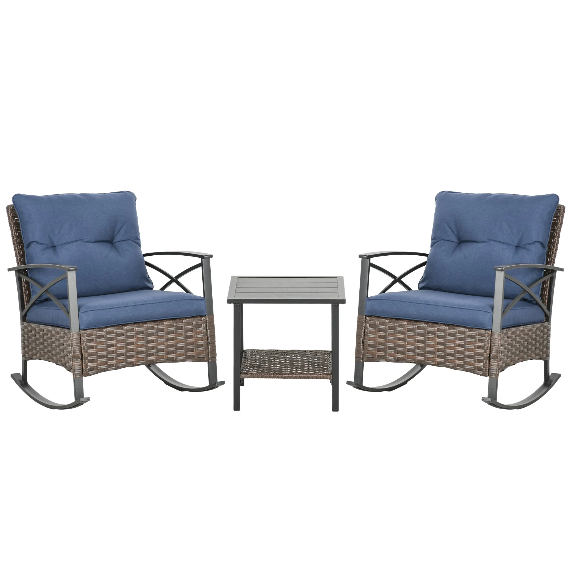 Outsunny 3pc Rocking Chair Set w/ Cushions, Wicker Bistro Set, Dark Blue
