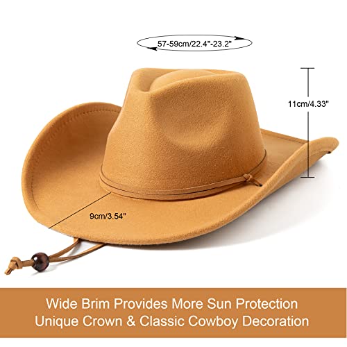Lanzom Women Men Retro Felt Wide Brim Western Cowboy Cowgirl Hat Dress Up Hat with Wind Lanyard