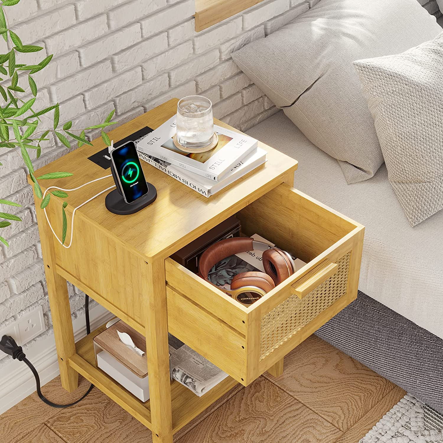 EPHEX Nightstands, Rattan Nightstands with Charging Station and Drawer, Solid Wood Bedside Tables with Open Shelf, Bamboo