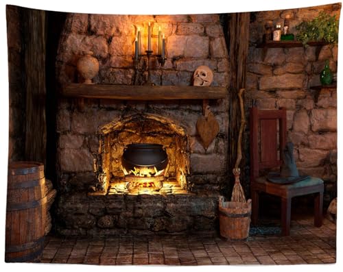 Loccor Halloween Witch Cottage Tapestry Spooky Magic Kitchen Fireplace Magical Potion and Skull Tapestries Medieval Wizard Room Wall Hanging Halloween Party Kids Adults Bedroom Home Decor 118''x98''