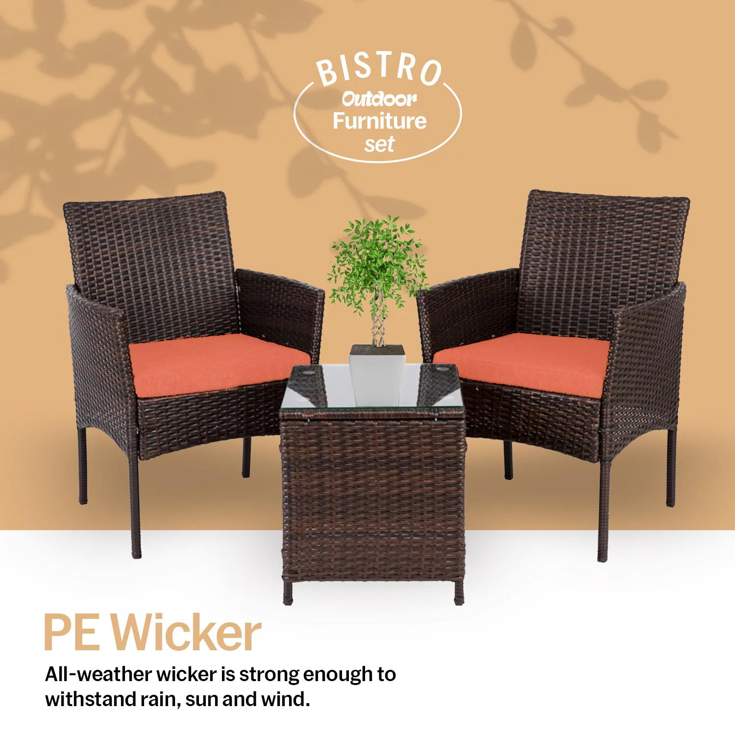 Eval 3 Piece Modern Design Rattan Furniture Set - 2 Durable & Cozy Chairs With a Foldable Coffee Table - Orange