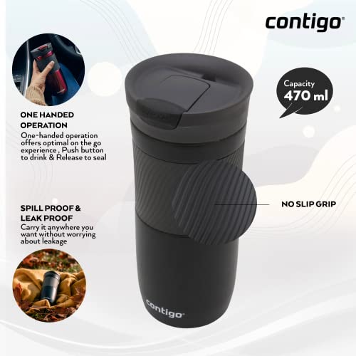Contigo Byron Snapseal Travel Mug, Stainless Steel Thermal Mug, Vacuum Flask, Leakproof Tumbler, Coffee Mug with BPA Free Easy-Clean Lid, 590 ml, Black