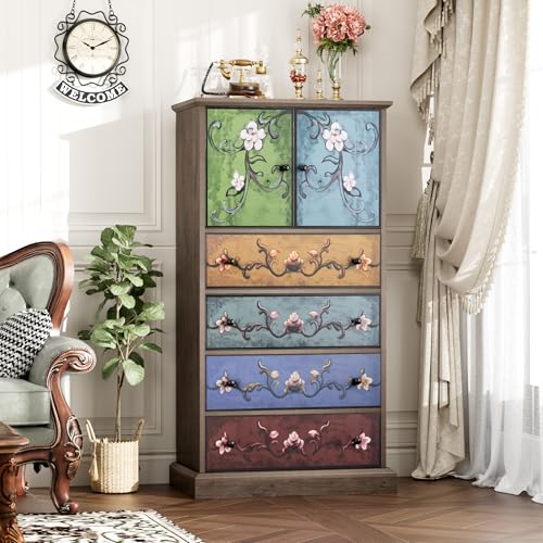 FINETONES 50’’ Tall Dresser, Boho Dresser Vintage Dressers with 4 Drawers and 2 Doors, Wood Chests of Drawers for Home, 16.1D x 23.6W x 50H Inch