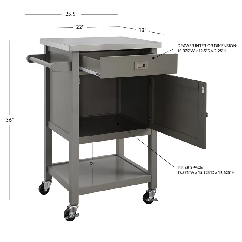 Riverbay Furniture Transitional Wood/Stainless Steel-Top Kitchen Cart in Gray