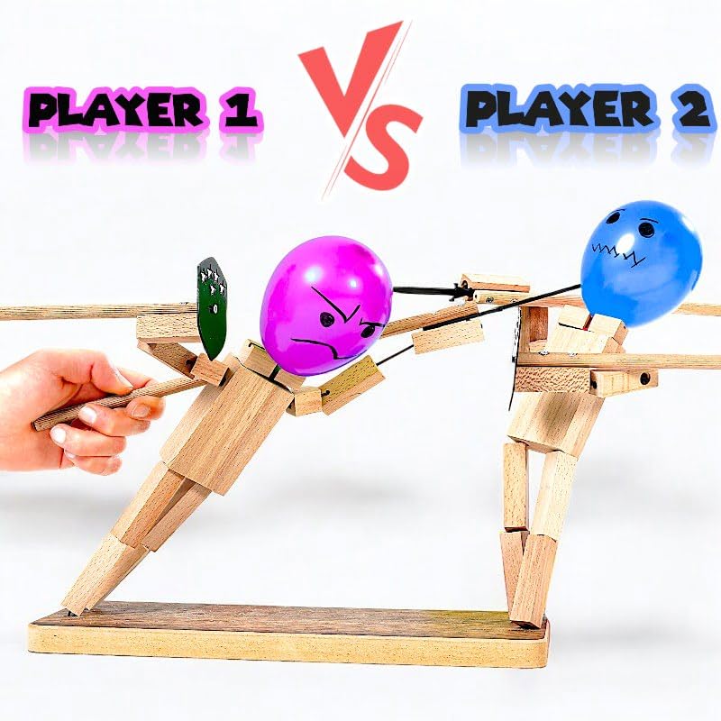 Handmade Wooden Fencing Puppets Toys , Whack A Balloon Strategy Board Game,Balloon Bamboo Man Battle Pre Assembled, Challenge Friends , Game Night Favorite ,Party Games for Groups (with 200 Balloons)