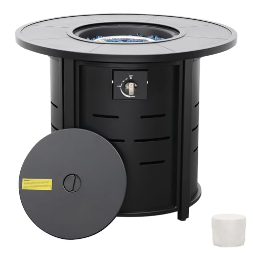 30 Inch Fire Tables Round Tabletop 50000 BTU Outdoor Fire Pits for Outside Steel Gas Fire Table with Fire Pit Lid Waterproof Cover, Black