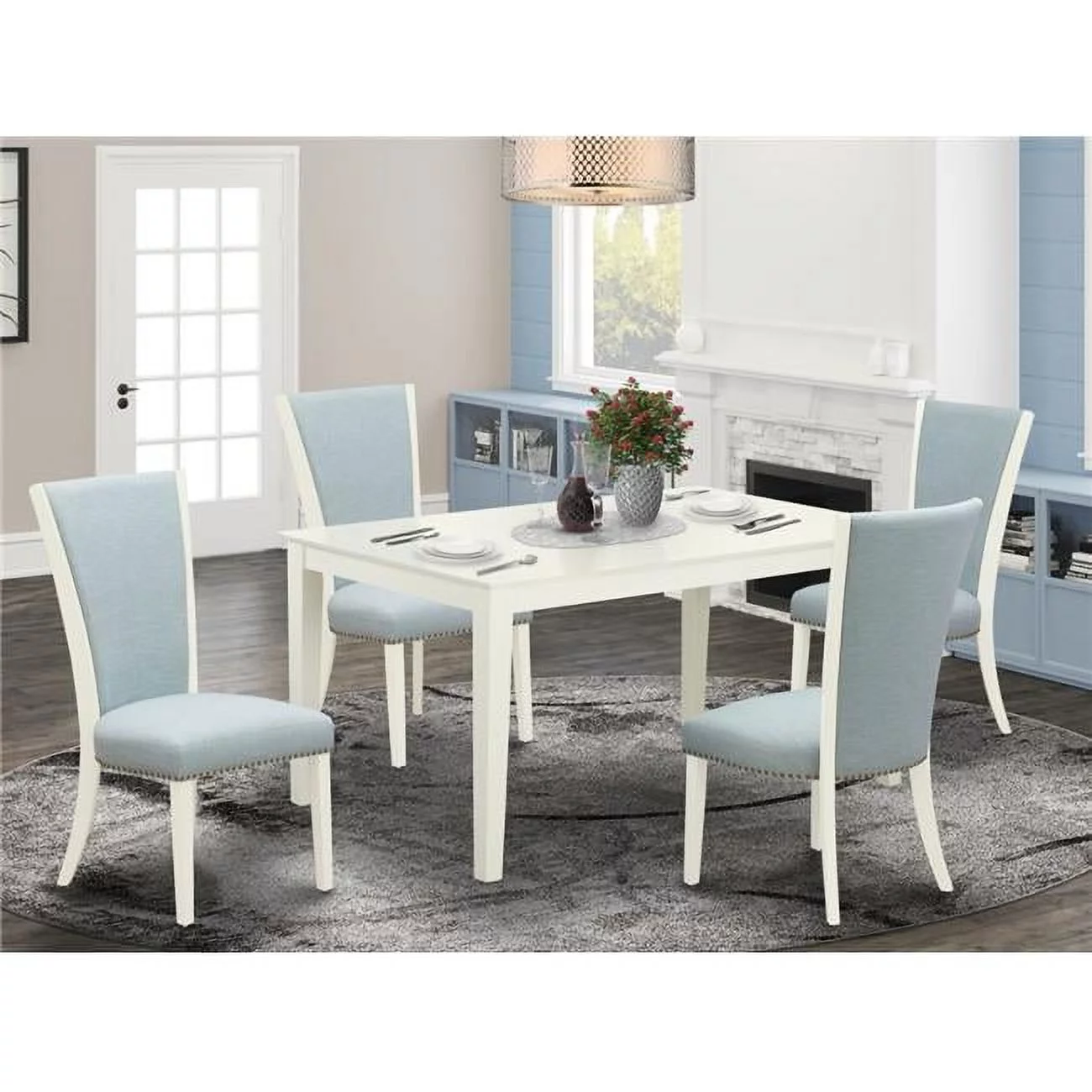 Capri Wooden Dining Table Set - Linen White & Baby Blue, Set of 4