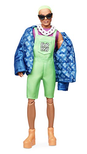 Barbie BMR1959 Ken Fully Poseable Fashion Doll with Neon Hair, in Neon Overalls and Puffer Jacket, with Accessories and Doll Stand