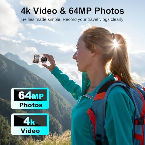 Digital Camera, 4K 64MP Dual Screens Camera, 18X Zoom, Point and Shoot Digital Camera with 64GB TF Card & 2 Batteries, Portable Rechargeable Small Camera for Kids Teens Adult, Black