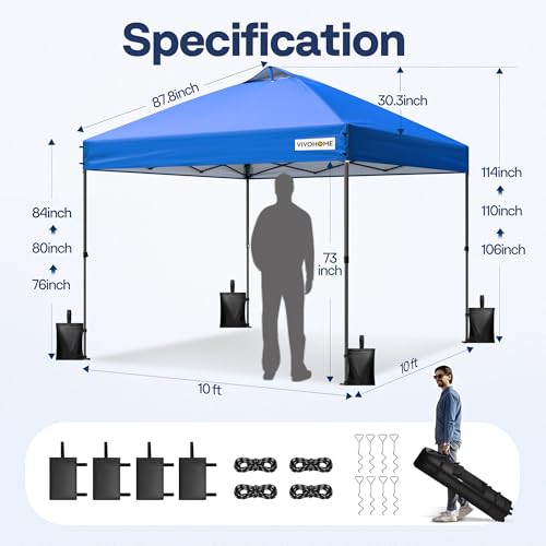 VIVOHOME 10x10ft Pop Up Canopy Tent One Push Setup Outdoor Portable Shelter Tent Heavy Duty with Wheel Carry Bag and 4 Sandbags, White