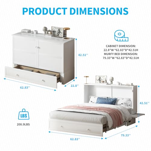 Mjkone Murphy Bed, Queen Cabinet Beds with Tri-fold Mattress and Built-in USB Charging Station/Drawer, Wooden Hidden Wall Cube Chest Guest Beds for Bedroom/Apartment - White