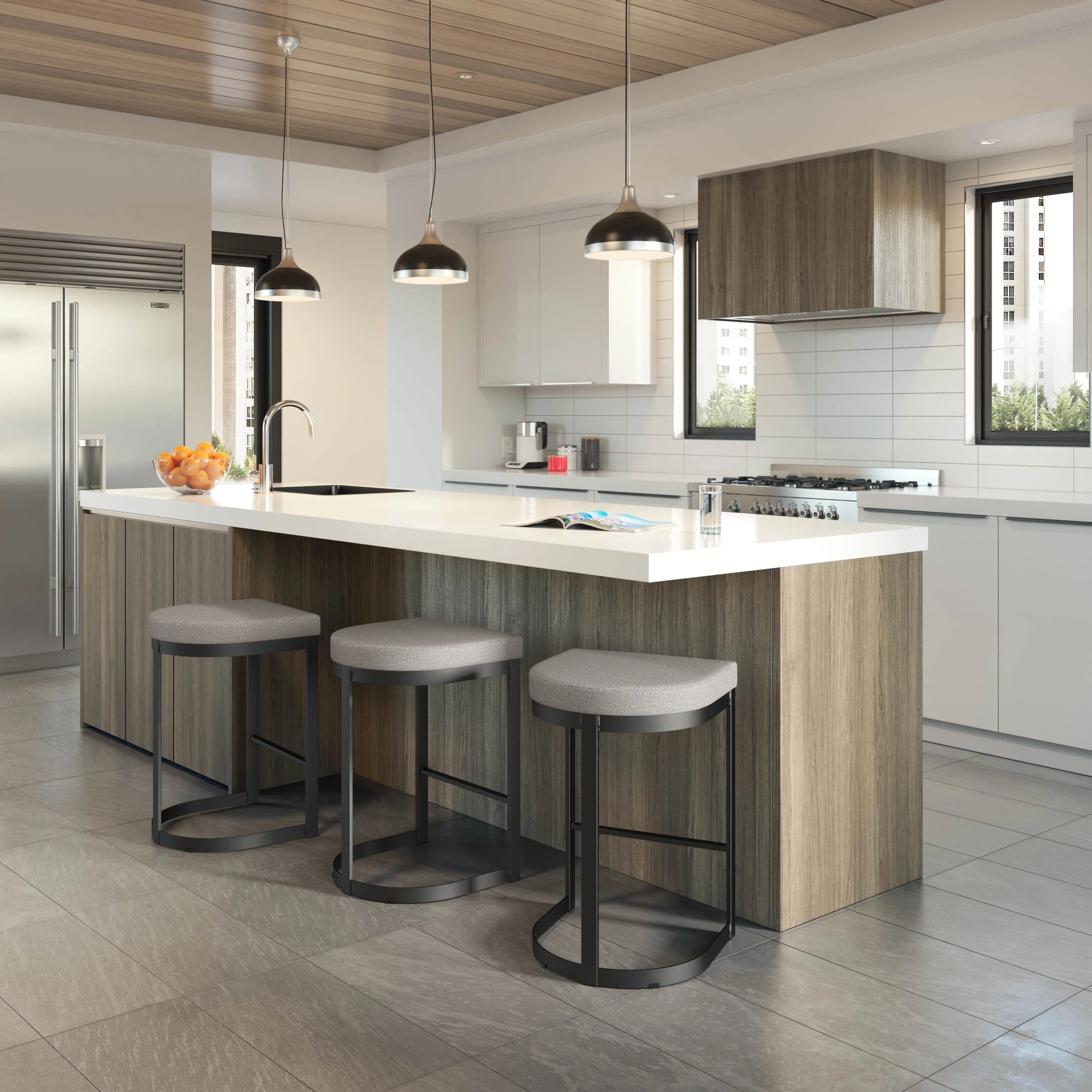 Amisco Lester 26 In. Counter Stool - Grey and Beige Polyurethane / Black Metal