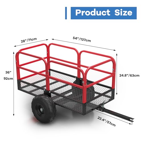 Heavy Duty ATV Trailer Dump Car, Utility Steel Yard Trailer, 1700-Pound Capacity Garden Dump Carts, Hand Pull or Foot Pedal Dump Cart for ATV, UTV, Lawn Mowers and Tractors