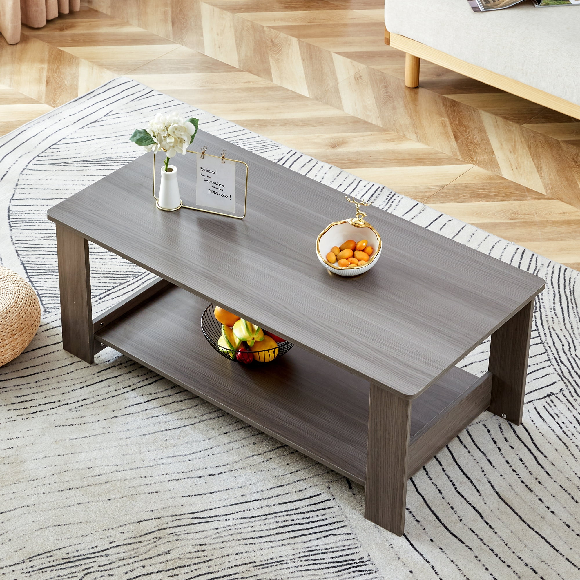 A modern and practical gray textured coffee table,tea table.Double layered coffee table made of MDF material,. Suitable for living room,bedroom and study room. 43.3