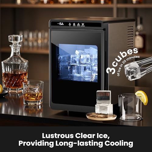 Kismile Clear Ice Cube Makers,3 Cubes in 20 Mins,26Lbs/24H,Portable Ice Makers Countertop with Large Cubic Ice, Self-Cleaning, 24H Timer for Cocktails, Whiskey & Bourbon(Black)