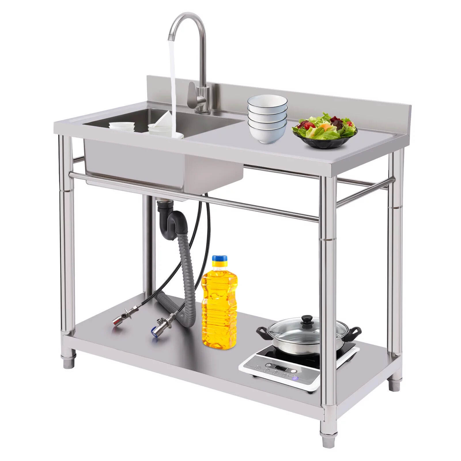 Kitchen Stainless Steel Utility Sink Prep Table 1 Compartment Commercial Sink
