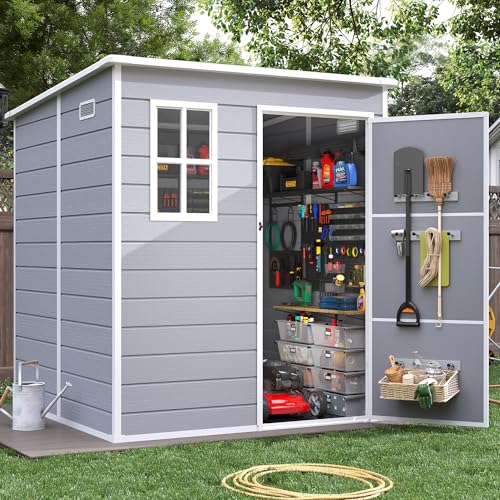 6x6FT Resin Outdoor Storage Shed, Plastic Garden Shed with Floor, Lockable Door & Window, Waterproof Tool Shed for Bike, Garbage Can, Lawn Mower, Patio Furniture Grey White