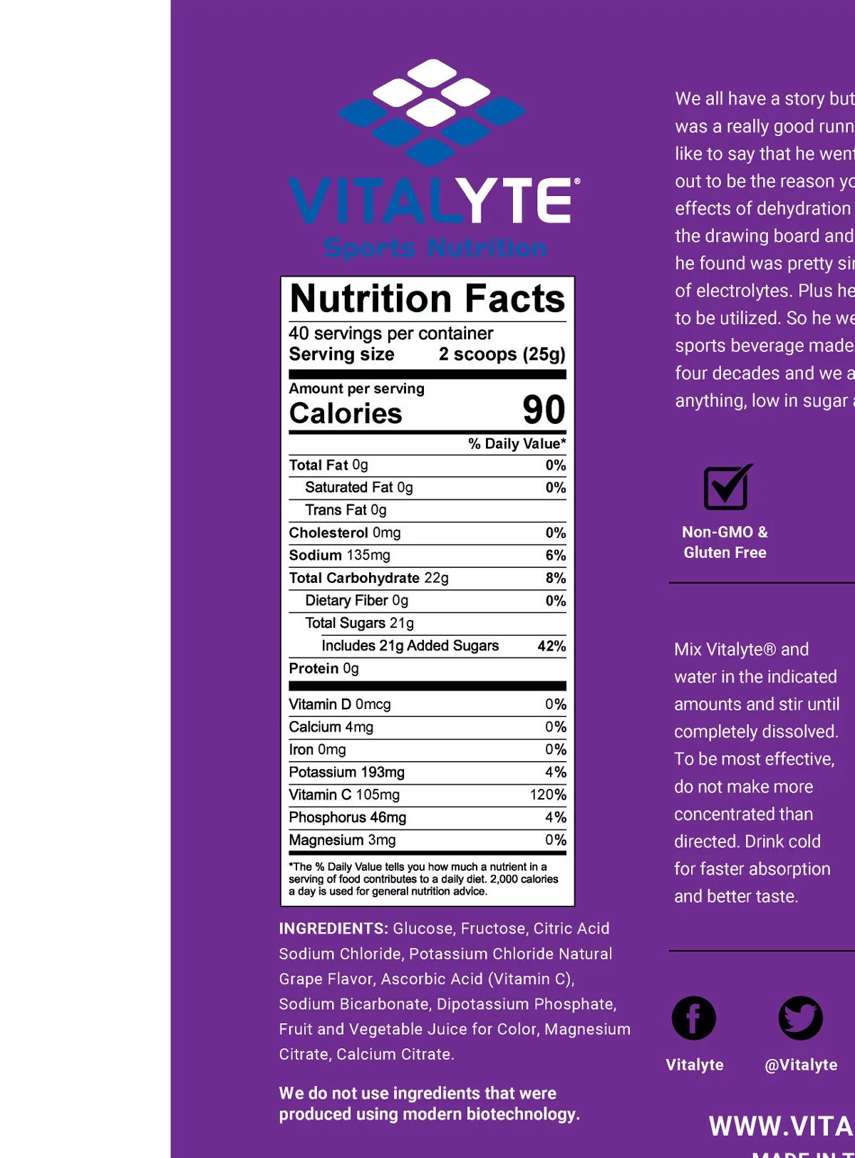 Vitalyte Electrolyte Replacement Powder Drink Mix, 40 16 Ounces per Serving (Grape)