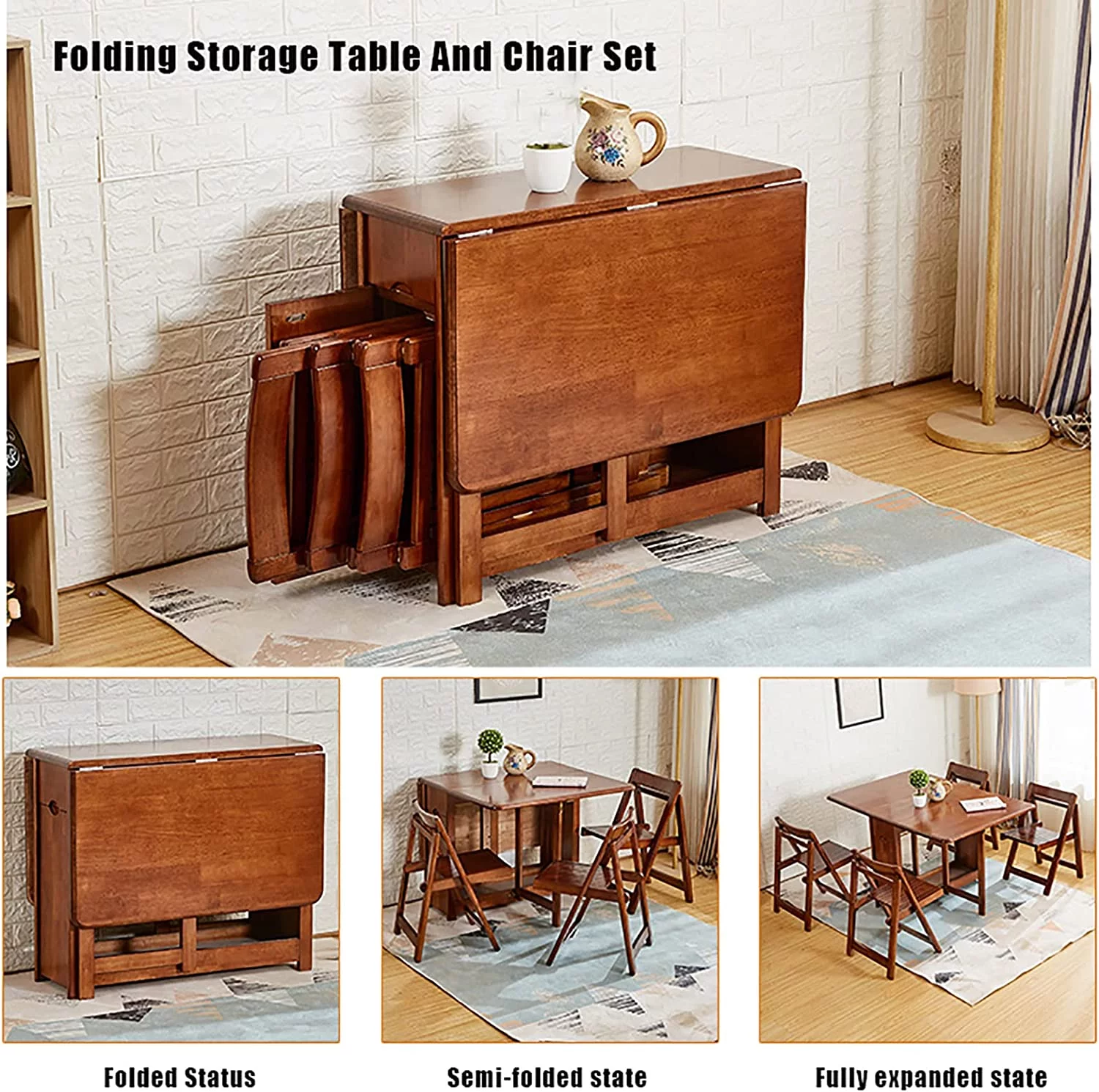 Table And Chairs Drop Leaf Extension Dinner Table With Wheels And Drawer Solid Wood Farmhouse Dining Table Set 5 Pieces Space Saving Kitchen Island Table Chairs(Table and 4 chairs  Brown