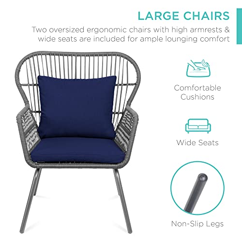 Best Choice Products 3-Piece Patio Conversation Bistro Set, Outdoor All-Weather Wicker Furniture for Porch, Backyard w/ 2 Wide Ergonomic Chairs, Cushions, Glass Top Side Table - Gray/Navy