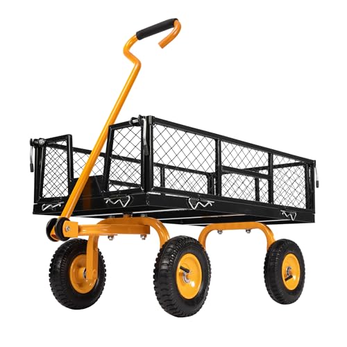 VIVOHOME Heavy Duty 880 Lbs Capacity Mesh Steel Garden Cart Folding Utility Wagon with Removable Sides and 4.10/3.50-4