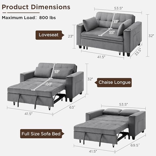 OKD 3 in 1 Convertible Sleeper Sofa Bed, Corduroy Pull Out Futon Couch with Charging Station & Cup Holder, Folding Loveseat Sofa Bed with Side Pocket for Living Room, Light Grey