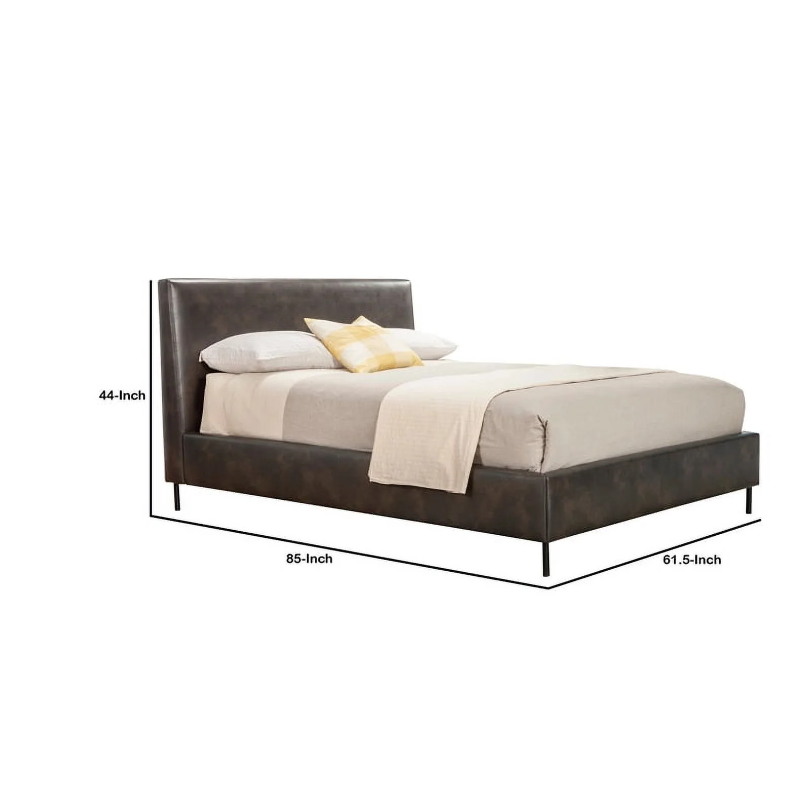 Benzara Upholstered Faux Leather & Solid Wood King Bed with Metal Legs in Gray