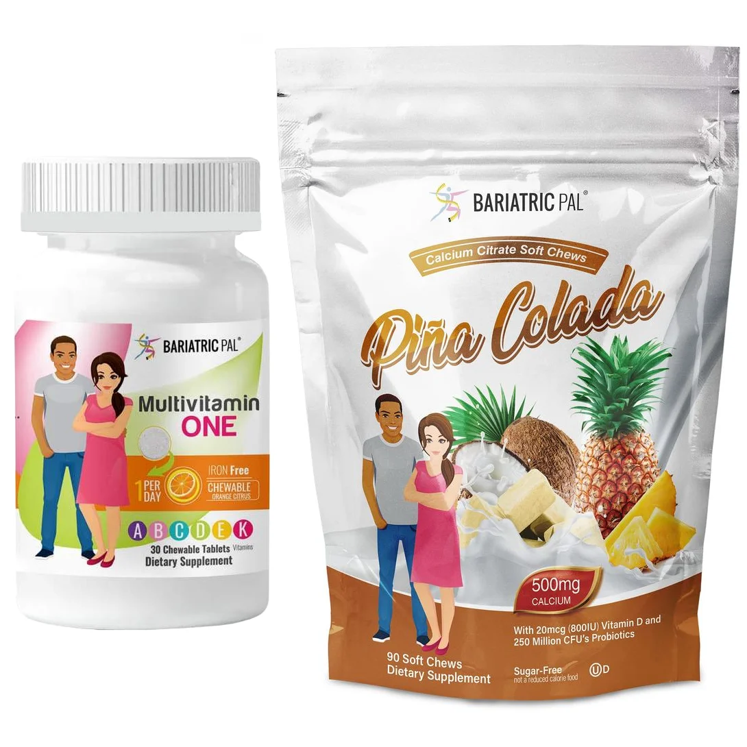 Gastric Bypass Complete Vitamin Pack - Chewables Size: 1-Month Supply, BariatricPal Multivitamin ONE: Orange Citrus Chewable - Iron Free, BariatricPal Calcium Citrate Soft Chews: Piña Colada