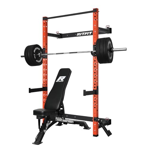 RitFit Multi-Functional Folding Squat Rack for Home Gym, 2.36'' x 2.36'' Wall Mounted Squat Rack with Attachments - Space Saving Squat Power Rack