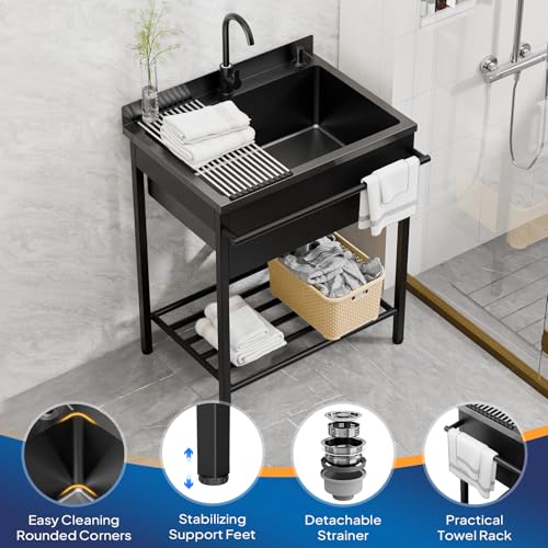 ROVSUN Stainless Steel Utility Sink, Free Standing with Faucet & Draining Rack for Laundry Room, Kitchen, Restaurant, Garage, Outdoor Garden, Backyard, Industrial 22