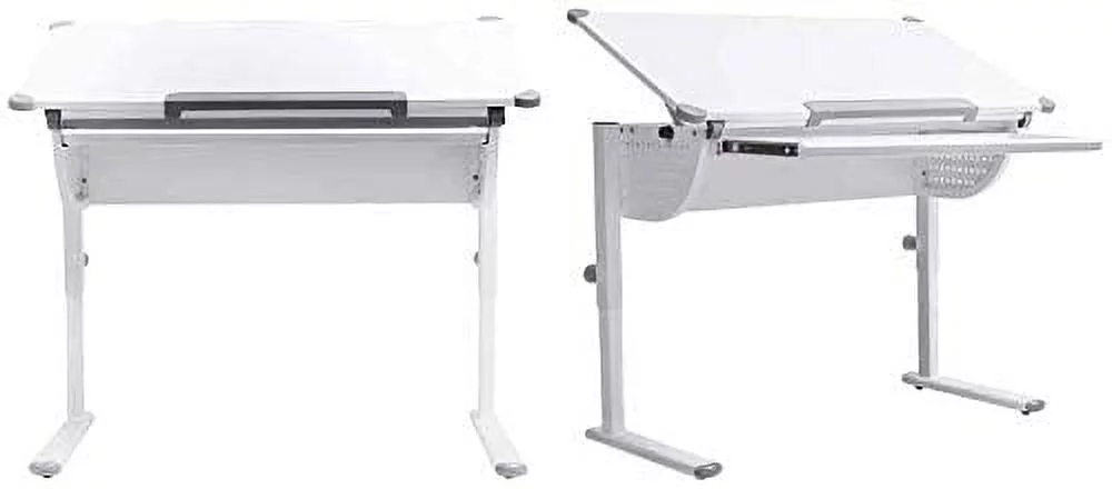 Adjustable Height Study Table 20”-32” for Students/Kids Computer Desk, Home Office Desk with Tilting Desktop, Ruler and Storage, White