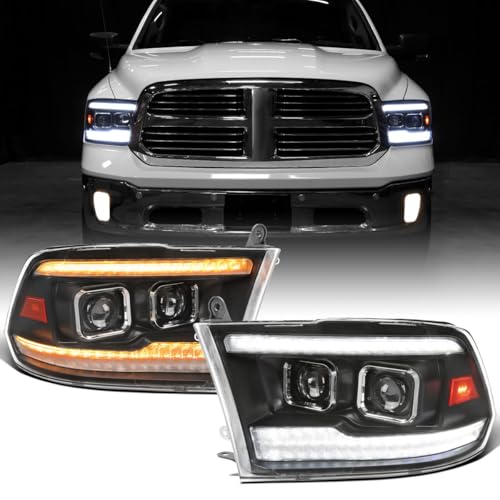 Fits 2009-2018 Ram 1500 2500 3500 2019-2024 Ram 1500 Classic Halogen Dual Projector Headlights LED Switchback Sequential Signal + Animated Startup Effect Parking Assembly Pair | Black