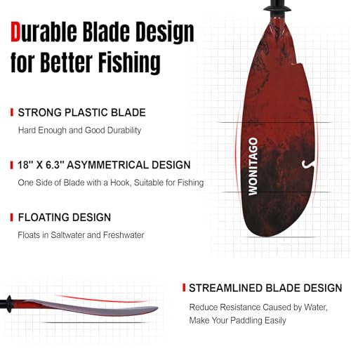 Angler Kayak Paddles Aluminum Paddle with Plastic Blades and Paddle Leash, Floating Adjustable Fishing Kayak Oars, 3 Piece, 230-250cm/90-98 inch
