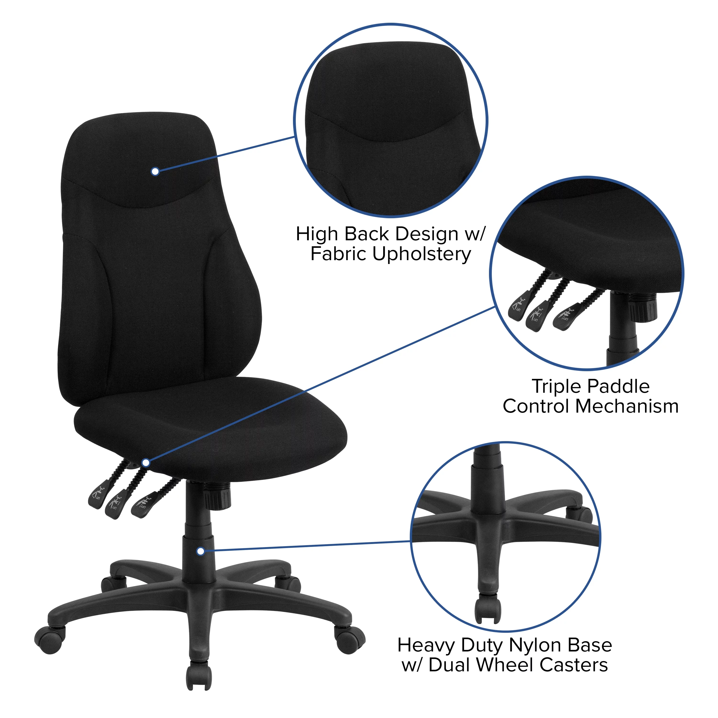 BizChair High Back Black Fabric Multifunction Swivel Ergonomic Task Office Chair