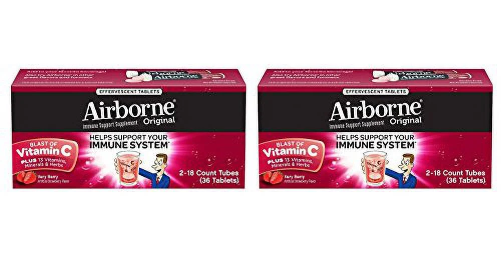 Airborne Very Berry Effervescent Tablets 1000mg of Vitamin C 2-Pack, 36 Count Each (72 Tablets Totally)