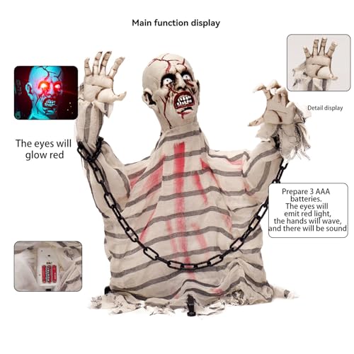 Halloween Zombie Groundbreaker Decoration,Scary Animatronics Zombie Prisoner with Glowing Eyes and Sounds for Outdoor Graveyard Haunted House Decor,Sounds Activated Animated Swing Body Zombies Props