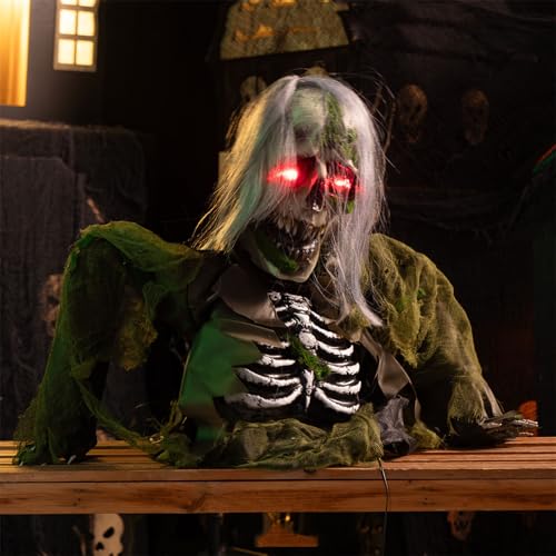 Halloween Zombie Groundbreaker Decoration Outdoor,Scary Animatronics Moss Zombie with Glowing Eyes and Sounds for Graveyard Haunted House Decor,Sounds Activated Animated Swing Body Zombies Props