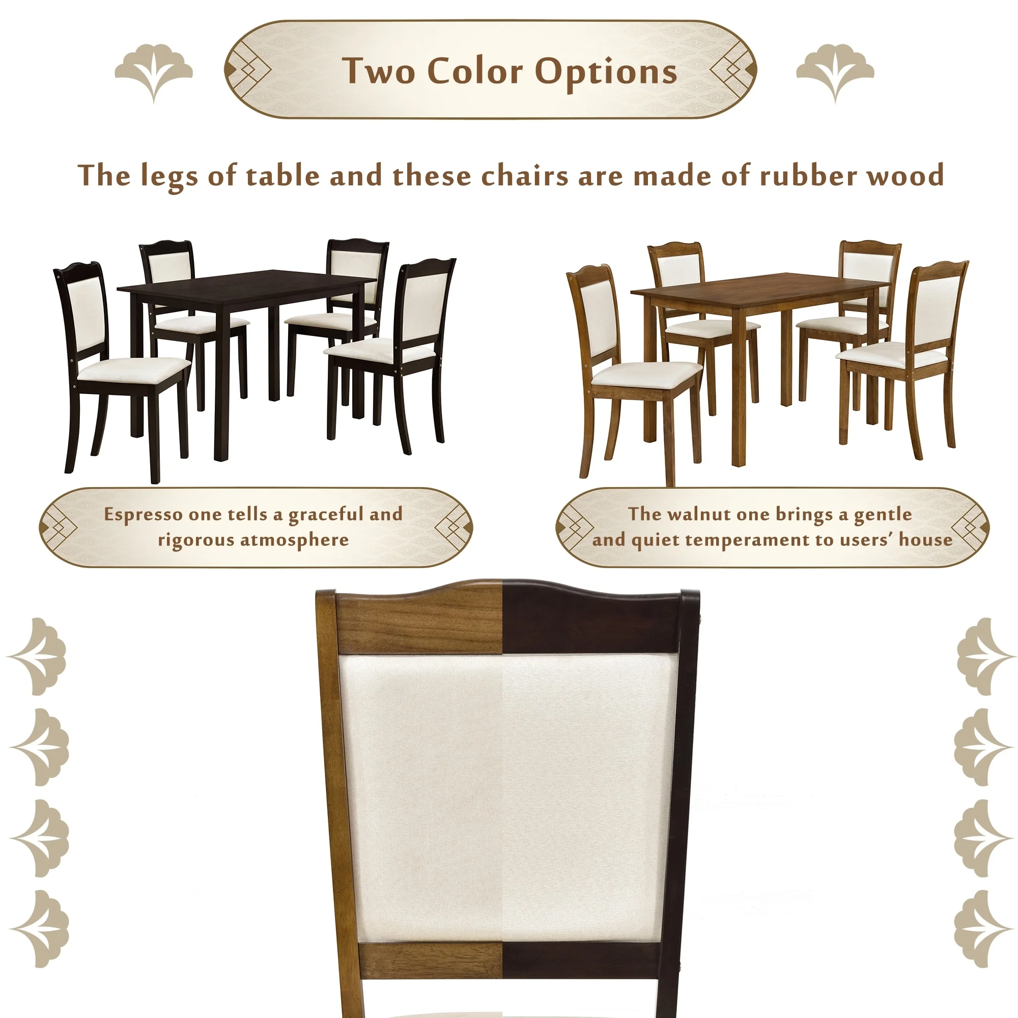 Elegant 5-Piece Wood Dining Table Set with Upholstered Chairs Walnut