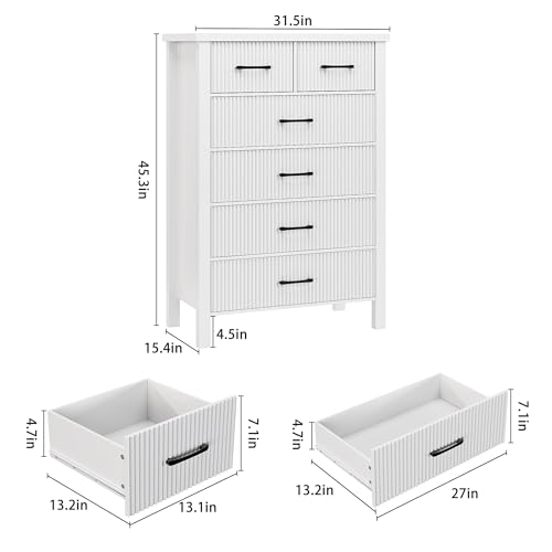 Fluted 6 Drawers Dresser for Bedroom, Tall Boho Chest of Drawers with Metal Handle, Wooden Closet Clothes Storage Organizer for Living Room, Hallway (Natural Oak)