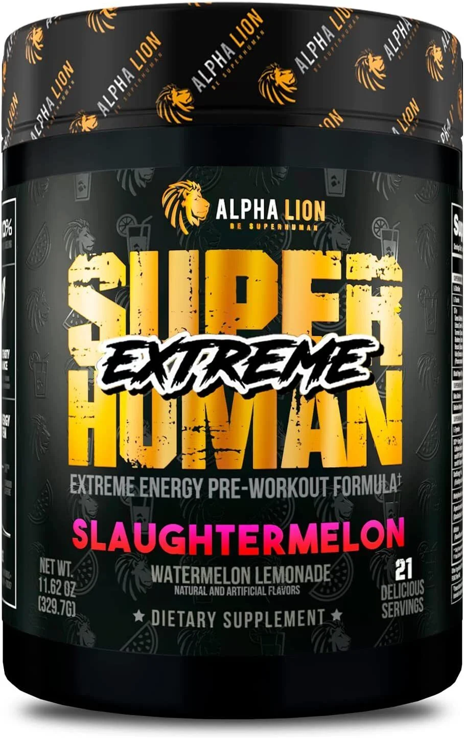 ALPHA LION Superhuman Extreme, Extreme Energy Pre-Workout Formula, Intense, Sustained Energy and Focus, Elevated Nitric Oxide, Maximum Pumps & Nutrient Delivery (21 Servings, Slaughtermelon)