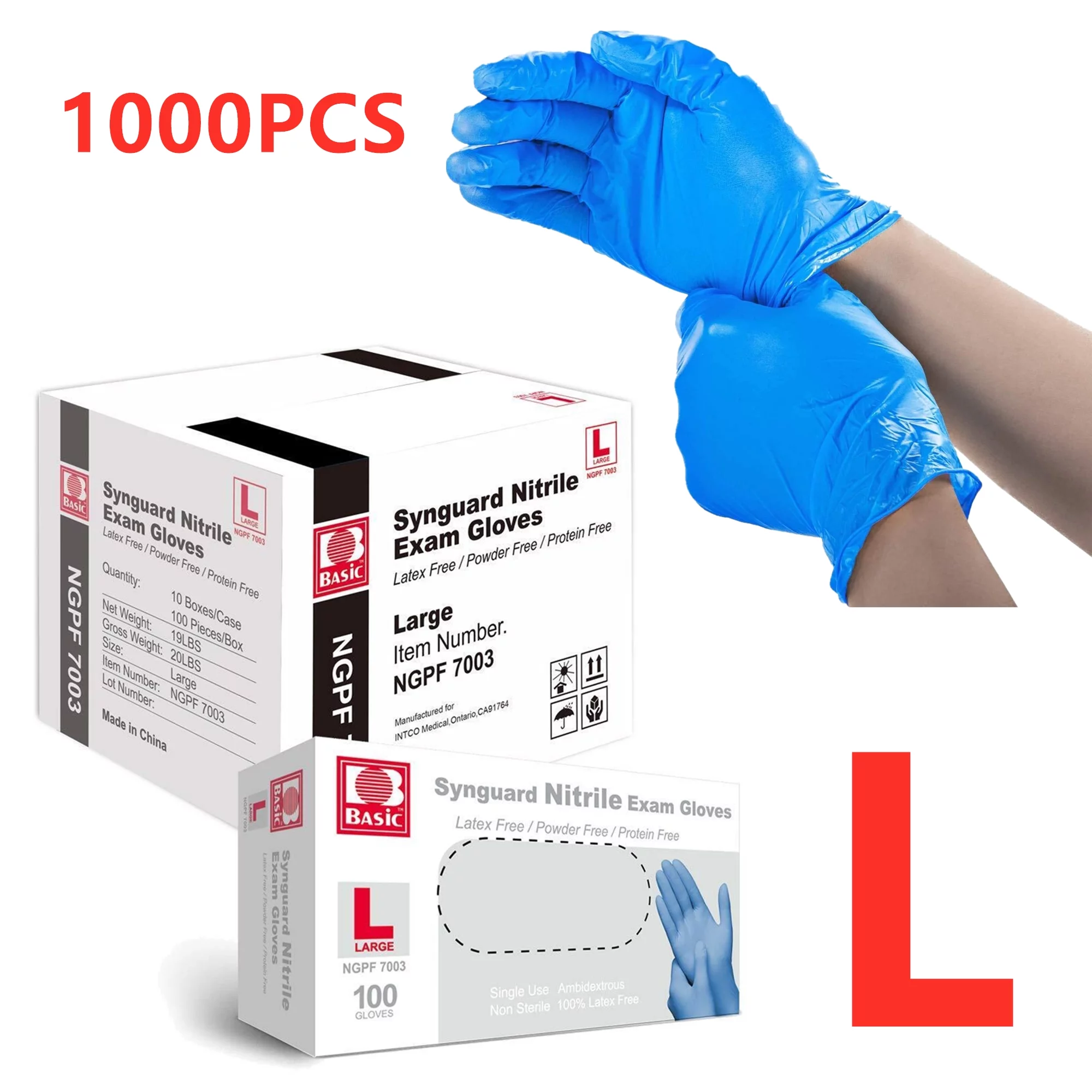 INTCO 1000pc Large Size Medical Disposable Synguard Nitrile Exam Gloves Blue Non-Sterile Latex Free Powder Free