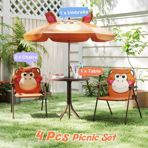 HONEY JOY Kids Picnic Table, Animal Themed Toddler Outdoor Table and Chair Set, 2 Folding Chairs & Removable Umbrella, Children Outdoor Furniture for Backyard Patio Garden (Green Frog)