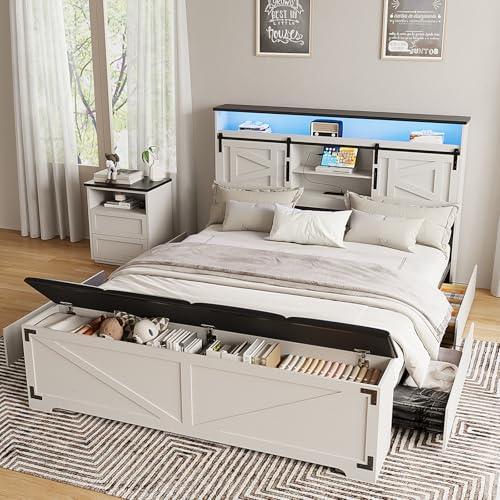 Fameill Farmhouse Twin Size Bed Frame with 4 Drawers and Bookcase Headboard, Sliding Barn Door Storage Shelves, LED Lights and Charging Station, No Box Spring Needed, Antique White