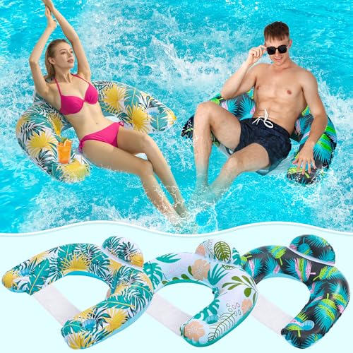 3 Pack Inflatable Pool Floats for Adults Pool Chairs with Two Cup Holders Comfortable Blow up Floating Lake Water Fun Swimming Party